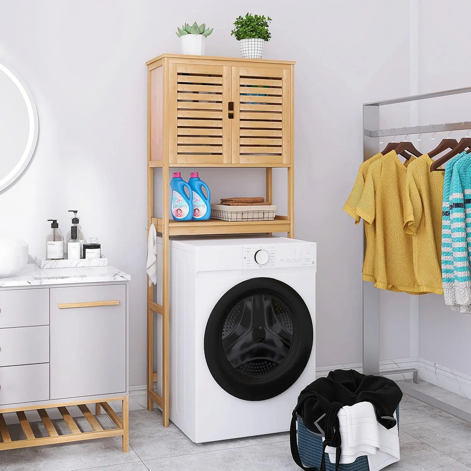 SMIBUY Bathroom Over The Toilet Storage Cabinet, 2 Door Bamboo Cabinet Organizer, Space Saver Toilet Rack with Adjustable Inside