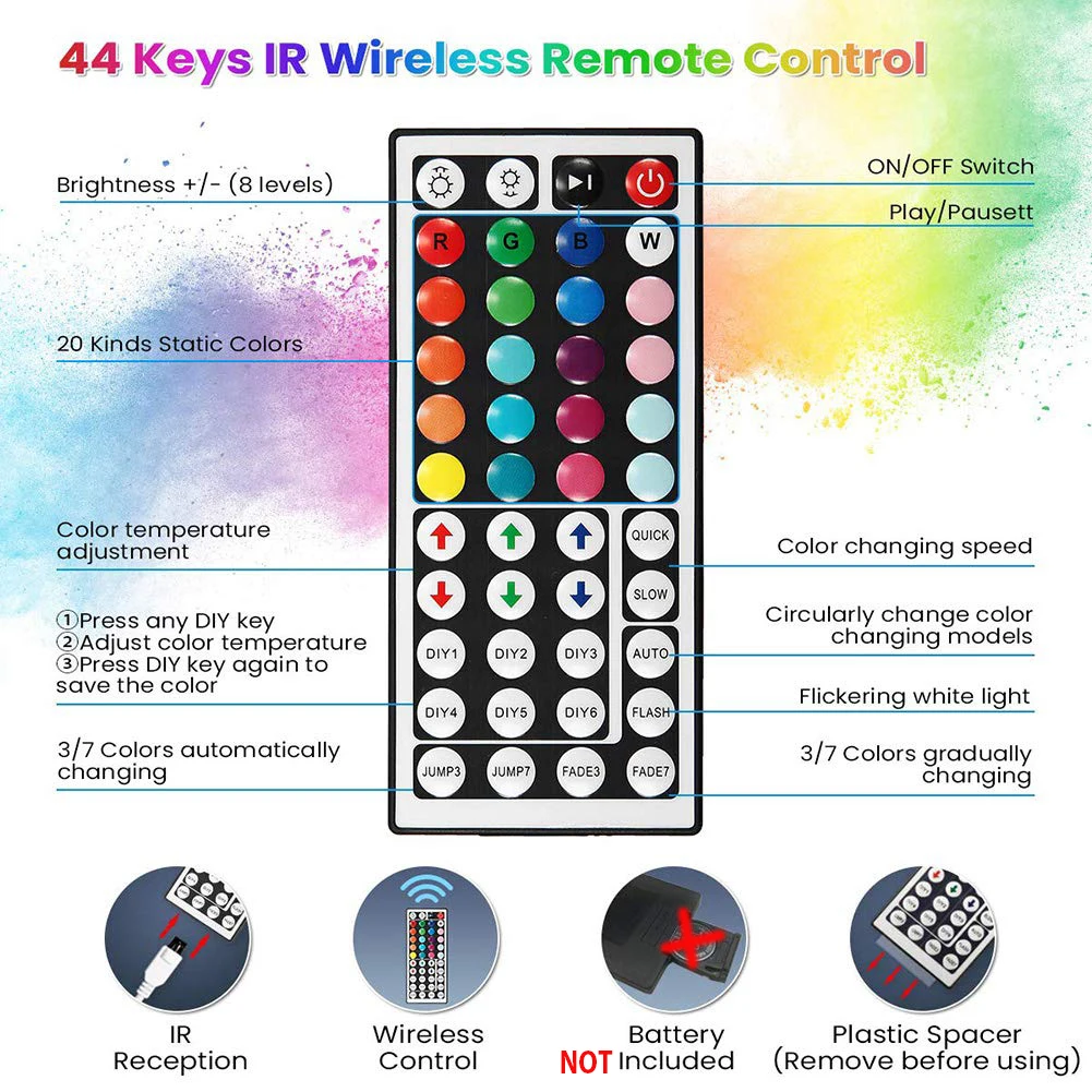 DC12V 2A 24W LED 어댑터, 44/24키 IR 리모컨 RGB 컬러 컨트롤러 포함, 5050 플렉시블 4핀 RGB LED 스트립 라이트용