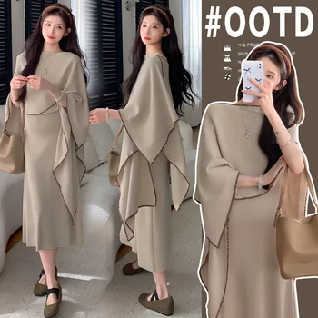 2025 New Style Maternity Two Piece Set for Spring and Autumn French Lazy High-End Sense Shawl Knitted Dress Outfit