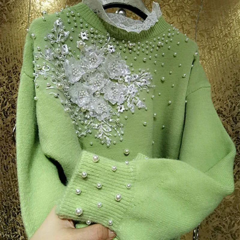 

Autumn Winter Lace Patchwork Pull Femme Vintage Loose Grunge Sweater Y2k Stereo Shiny Flower Beading Fairy Sweet Knit Jumpers