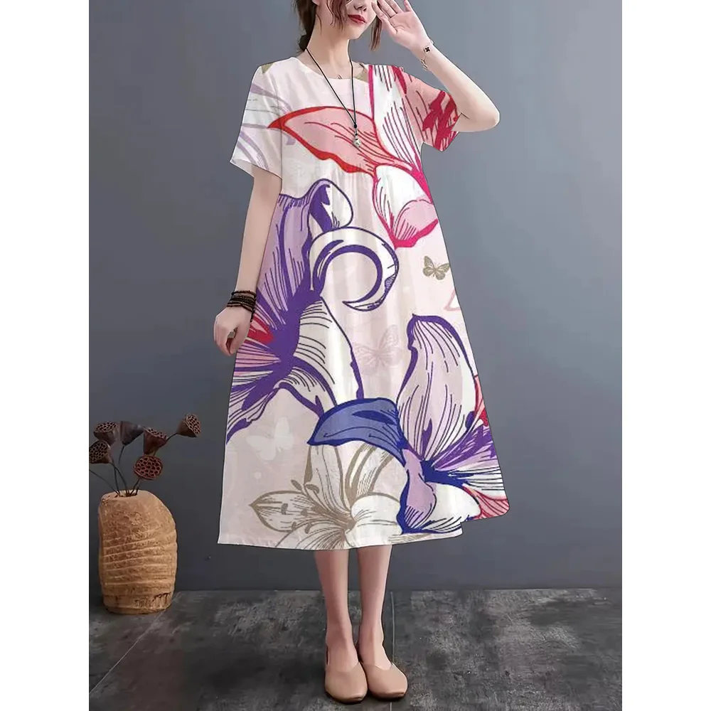 2024 Summer Fashion New Imitation Linen Fabric Dress Printing Craft girocollo manica corta Dress S-5XL sciolto e confortevole