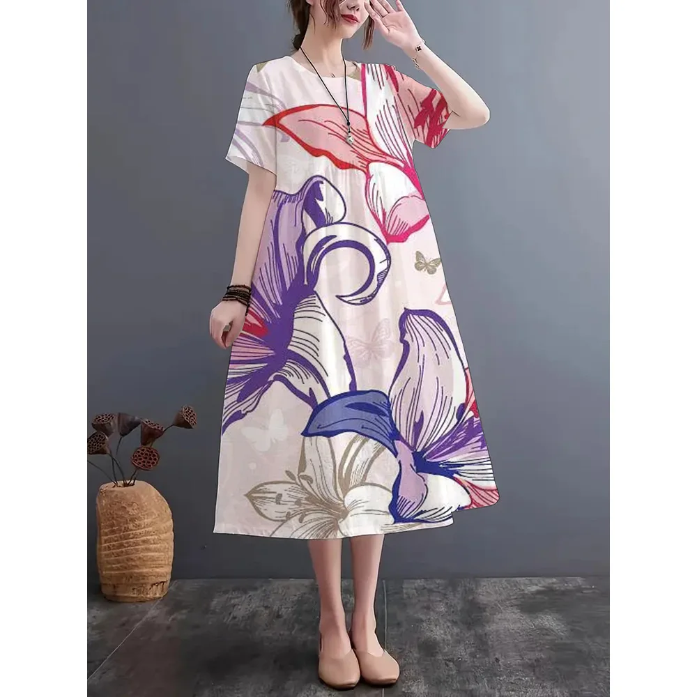 

2024 Summer Fashion New Imitation Linen Fabric Dress Printing Craft Round Neck Short Sleeve Dress S-5XL Loose And Comfortable