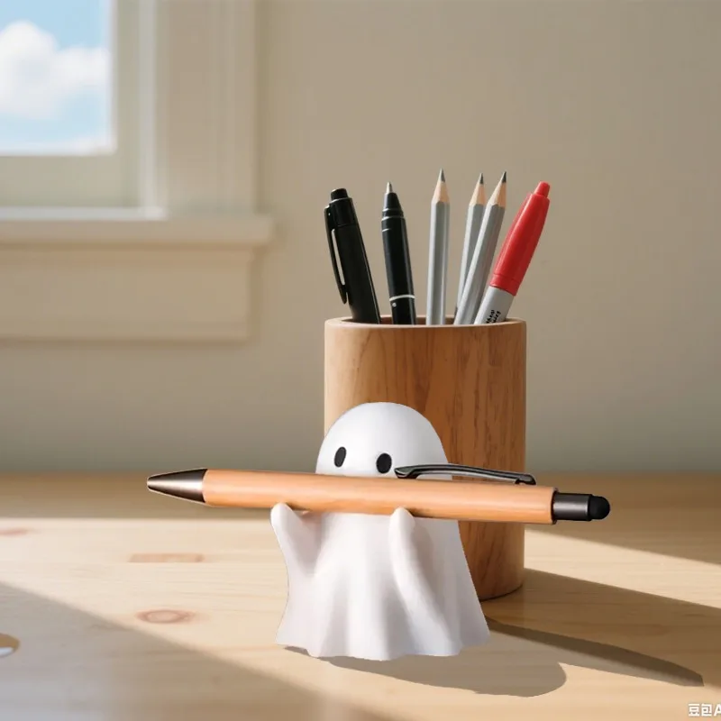 Halloween Ghost Pen Holder Cute Little Ghost Statue Design Pencil Support For Home Office Desktop Decoration