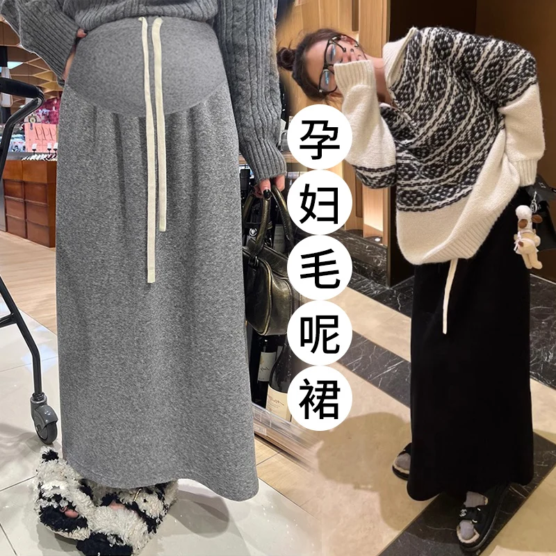 Autumn Winter Cashmere Long Skirts Maternity One Size Stretch Elastic Waist Belly Loose Straight for Pregnant Women Pregnancy