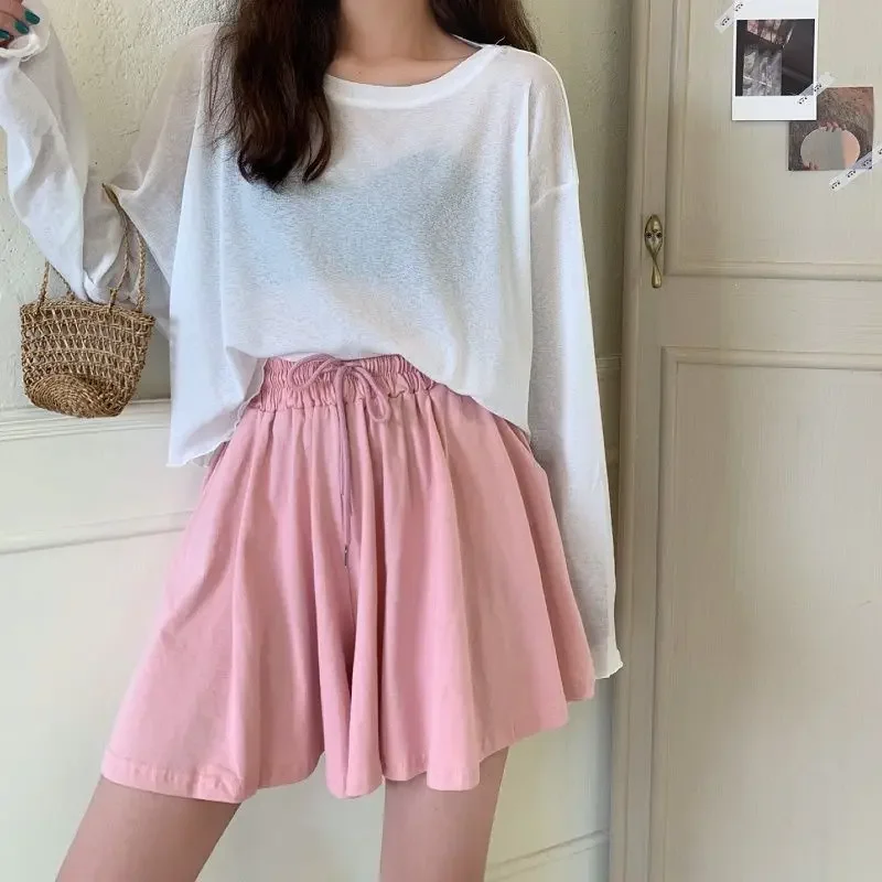 High Waisted A-line Half Length Skirt Pants for Female Students, Versatile and Slim Elastic Waist Wide Leg Y2k Short Skirt Pants