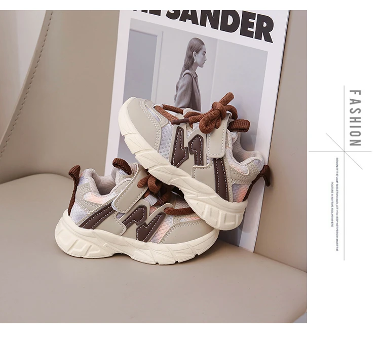 Baskets pour enfants en maille marron respirantes et légères pour garçons et filles, chaussures de tennis tendance antidérapantes et souples pour enfants et bébés_voghion.com
