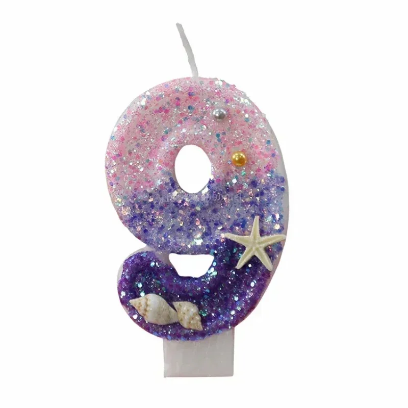 Cake candles Gradient Purple 1 Year Mermaid for Party Decoration Sparkly Seafish Conch Topper