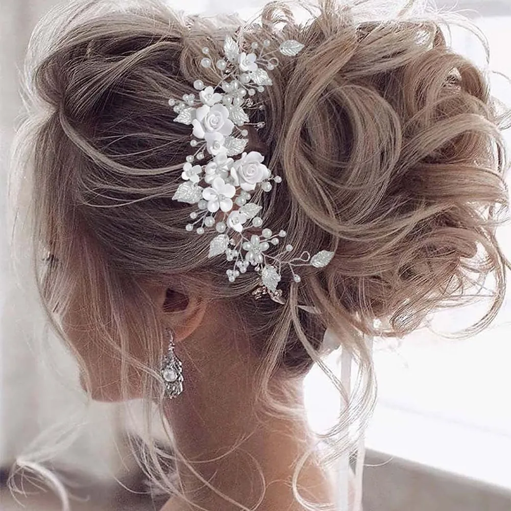 

Flower Bride Wedding Hair Vine Silver Pearl Hair Accessories Bridal Headband Headpiece for Women and Girls
