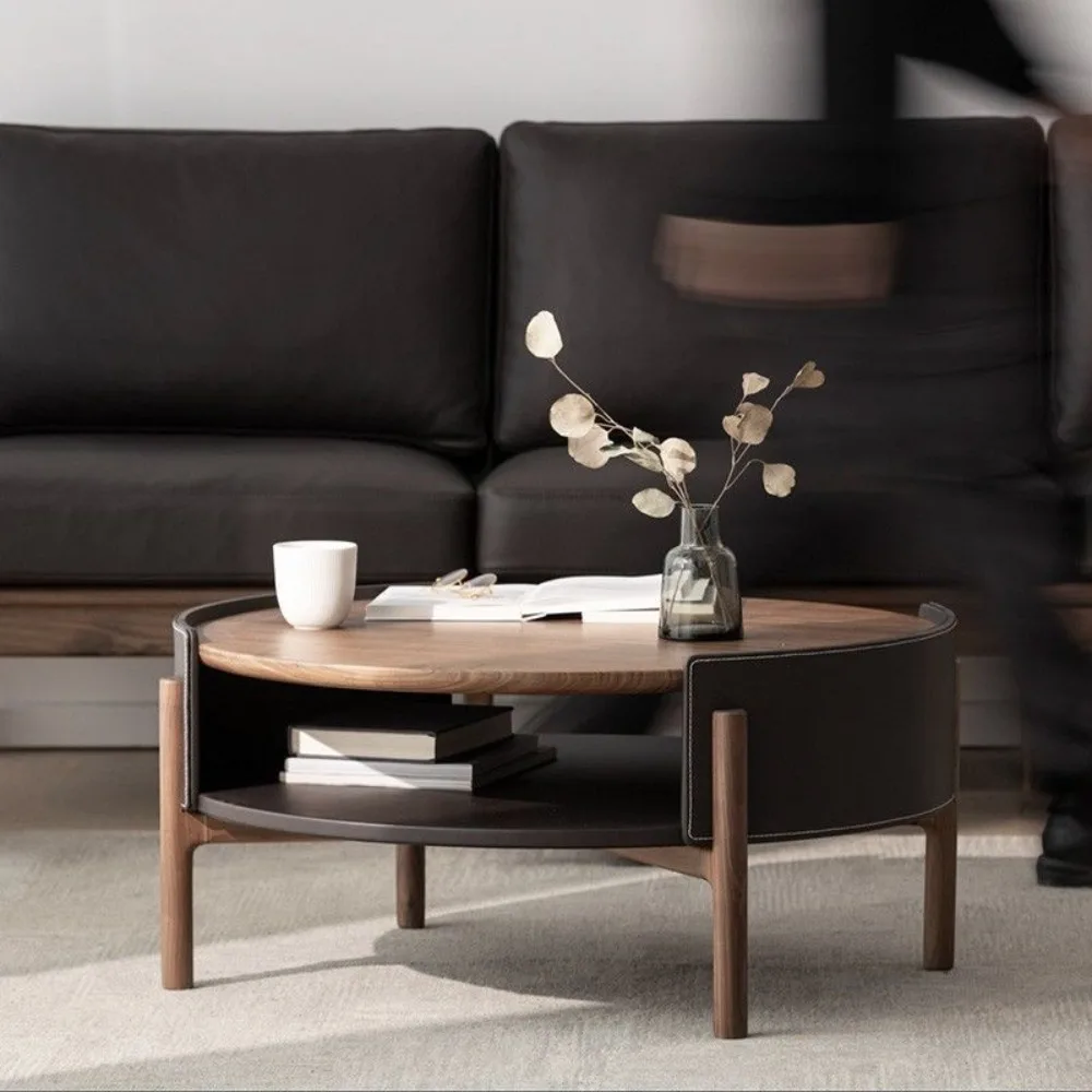 

Nordic style solid wood saddle leather bean pod coffee table small unit modern minimalist furniture Japanese oak small round tab