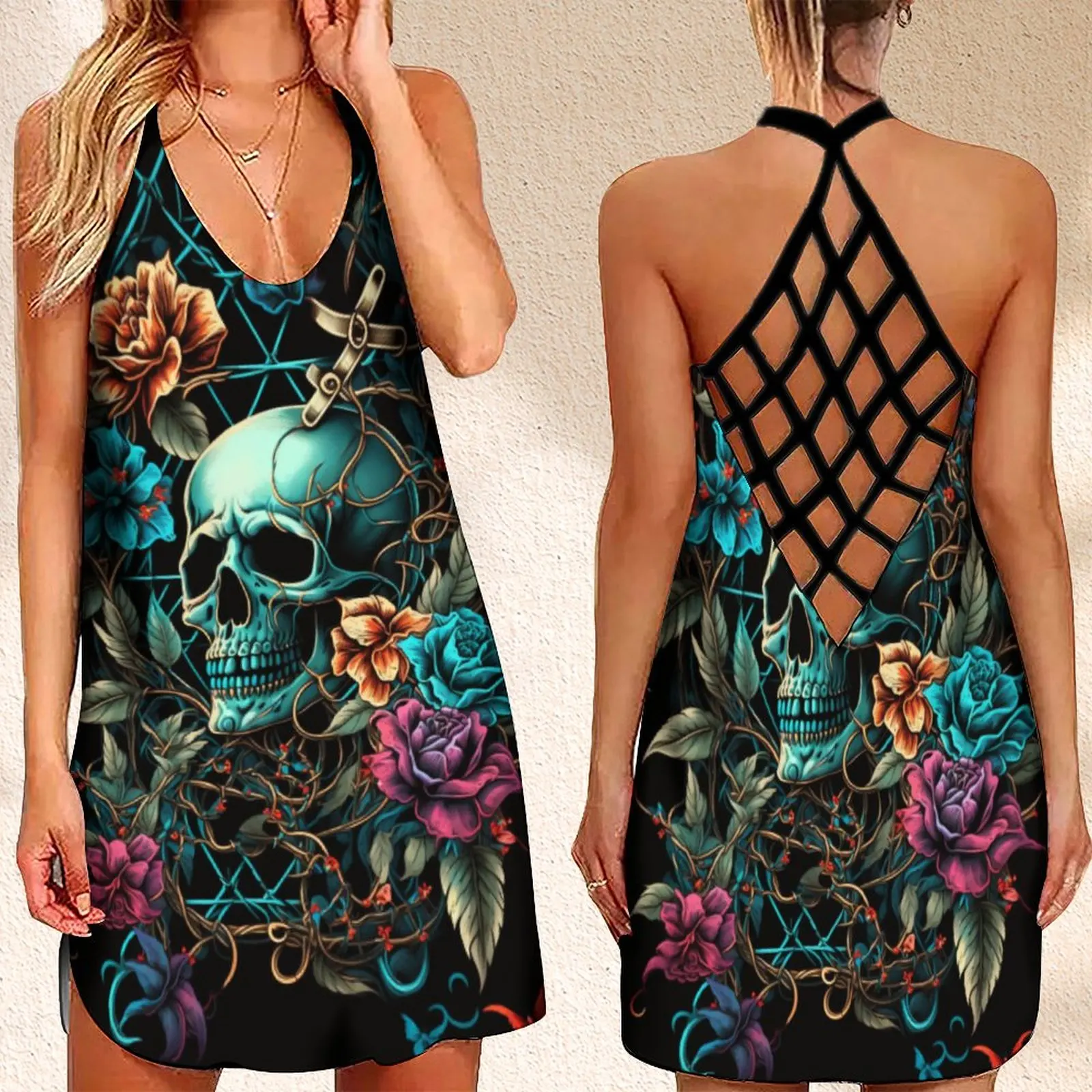 

Summer Women's Criss Cross Backless Sleeveless Dress HolidayWomen's Summer Dress Flower SkullPrint Women's Dresses Free Shipping