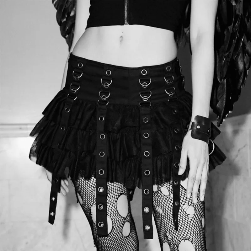 Mall Goth Black Pleated Mini Skirt with Chain Women's Punk High