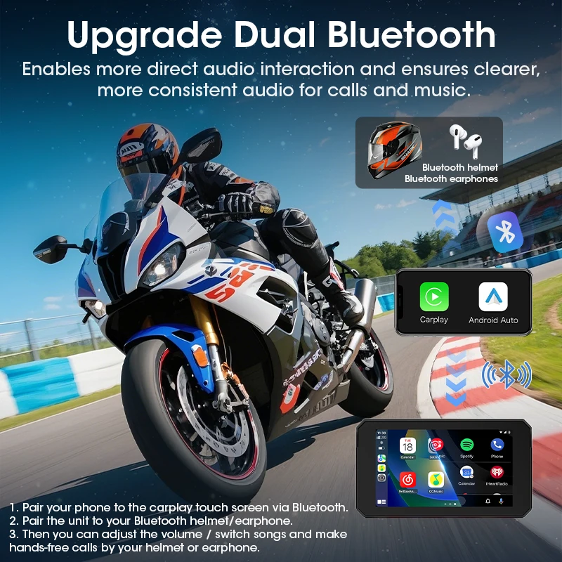 Navigazione per moto da 5 pollici Wireless CarPlay Android Auto Dual Bluetooth IPX7 Display impermeabile Supporto per monitor Moto TPMS - immagine 3
