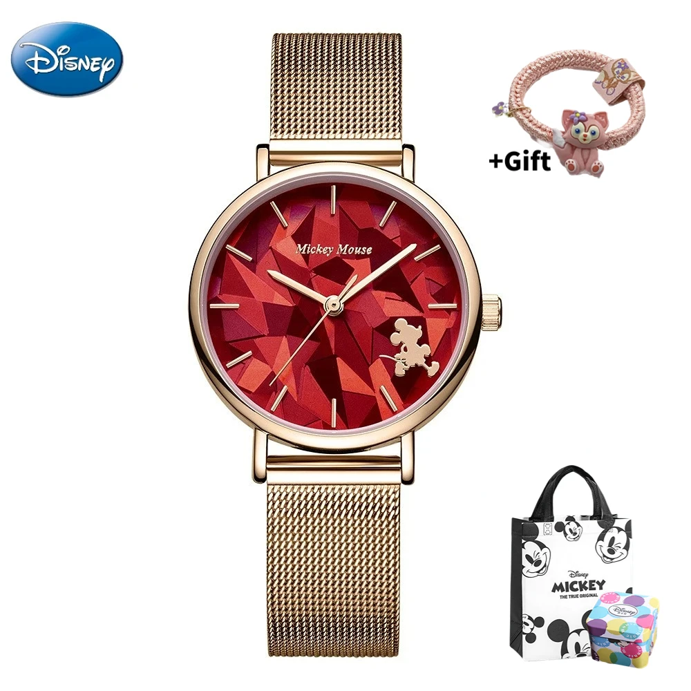 

Disney Gift Mickey Quartz Watch With Box Girls Student Geometric Section Glass Diamond Faceted Waterproof Relogio Feminino