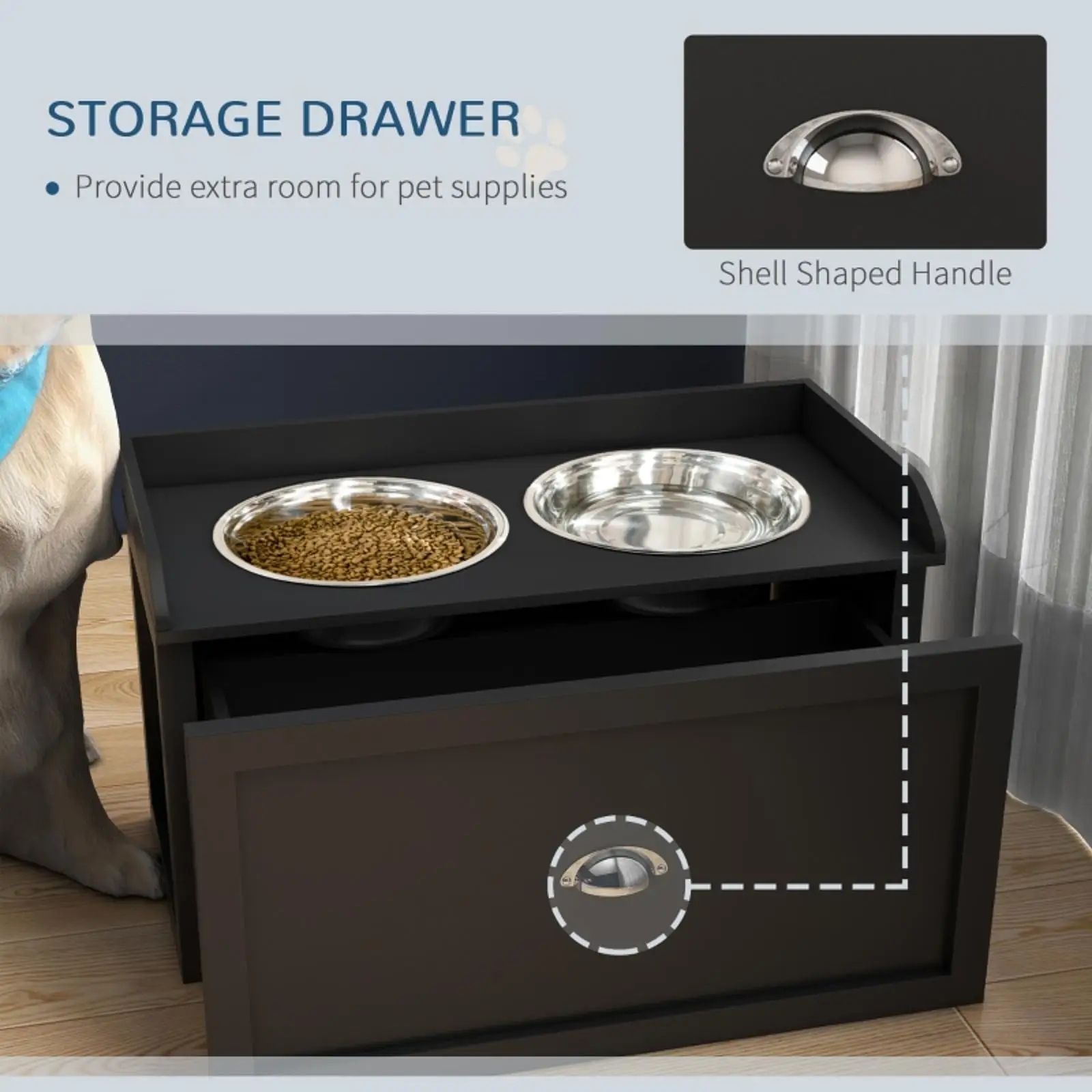 Raised Dog and Cat Feeding Station with 21L Storage Stainless Steel Bowls Pet Beds Furniture Set for Home Food Management