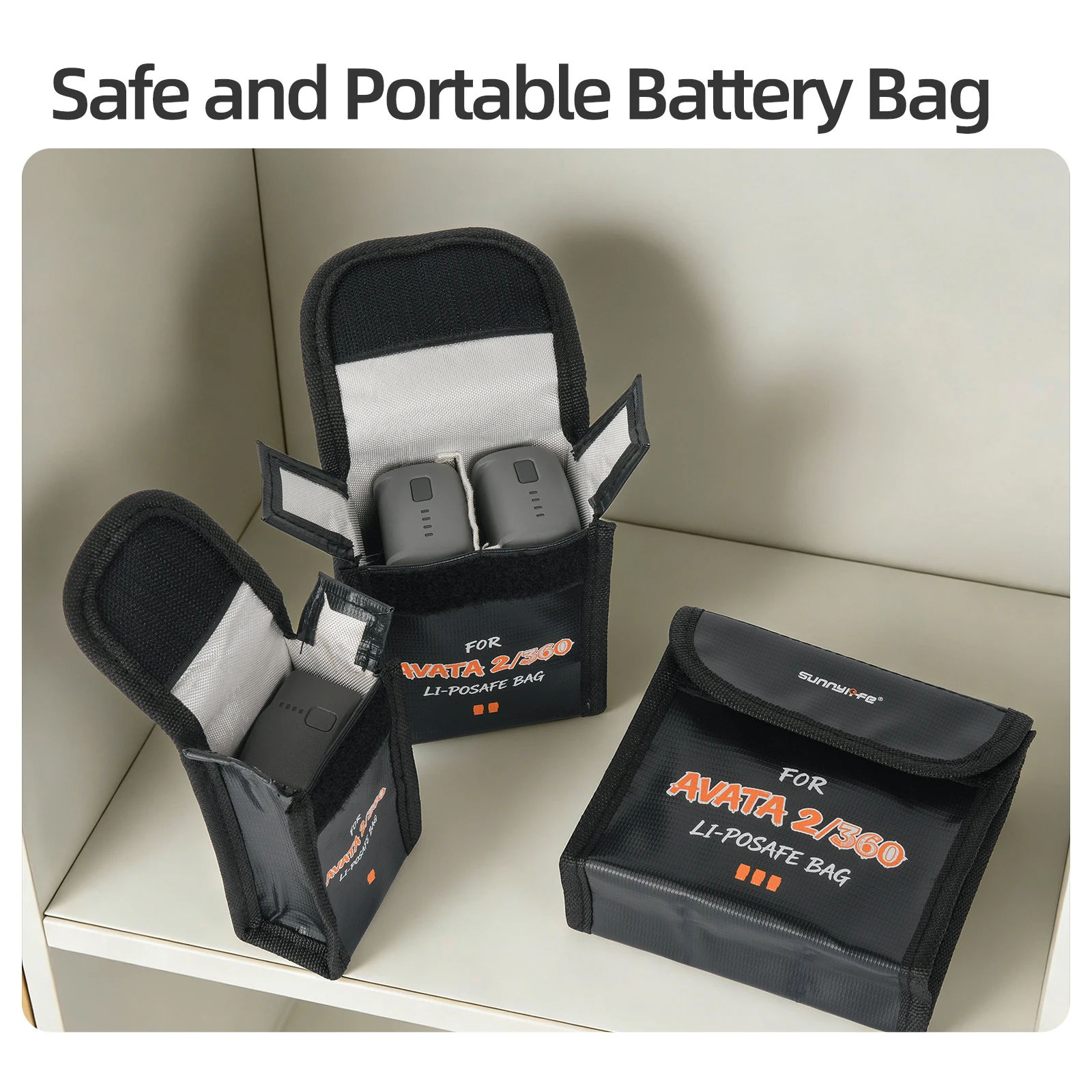 Sac anti-explosion pour batterie de drone DJI Avata posé à côté d'un drone DJI Avata, illustrant la compatibilité et la protection.