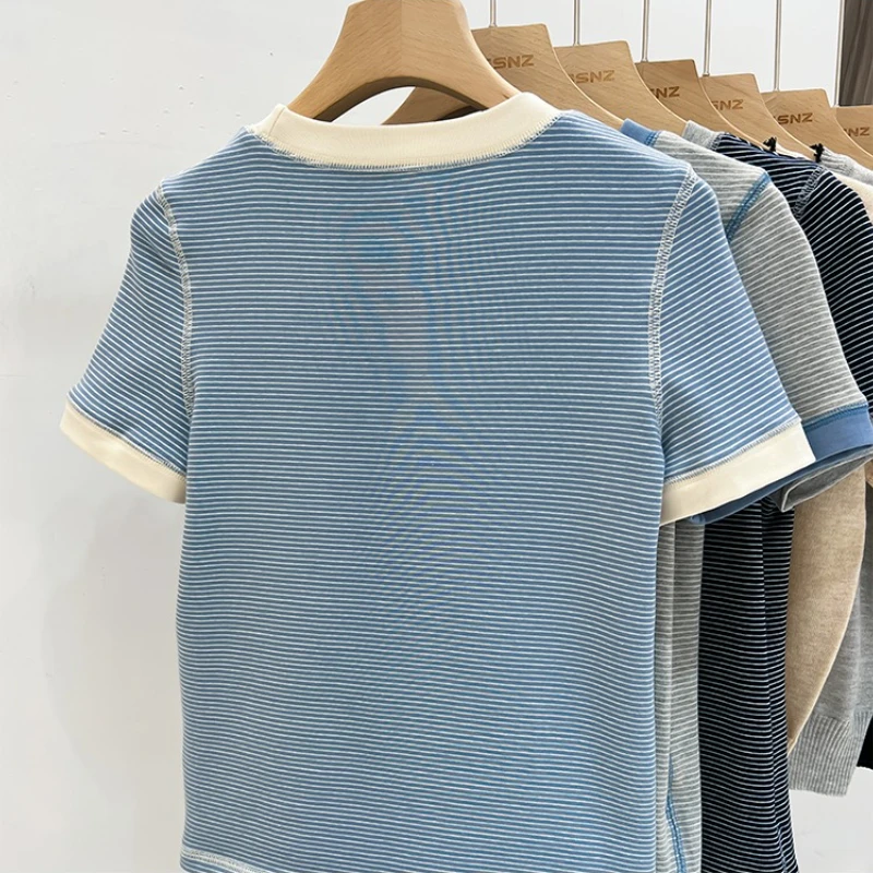 AOSSVIAO 2025 الصيف المشارب كتلة اللون تي شيرت س الرقبة سليم صالح قصيرة الأكمام المحملة للنساء الكورية نمط بسيط قاعدة طبقة علوية 4