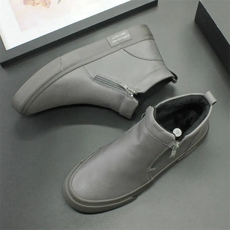 2023 winter new plush cotton shoes Gaobang short-tube warm shoes waterproof leather thick-soled casual men's shoes