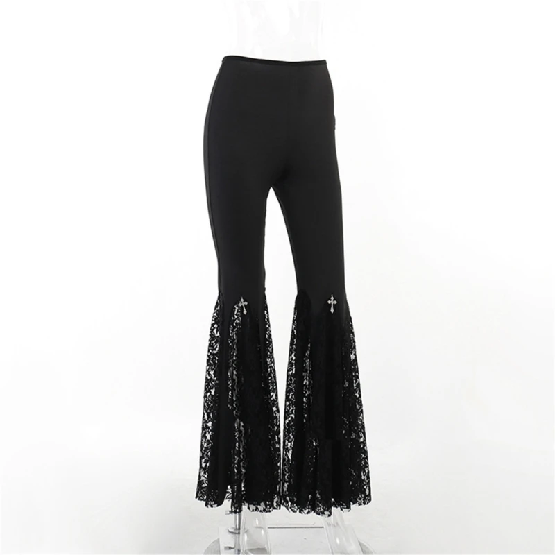 Gothic Style Flared Pants Sexy Black Lace Patchwork High Waist Trousers Vintage Harajuku Punk Style Streetwear Y2K Pants