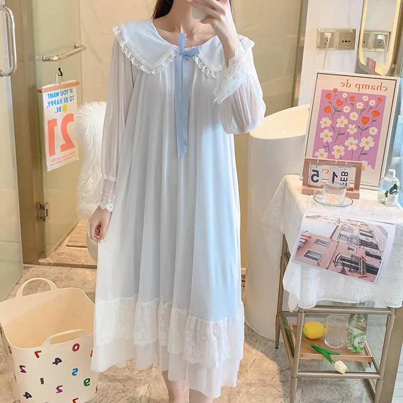 

Spring New Palace Gauze Dress Loose Princess Nightgown Women's Long Sleeve Night Shirt Lace Sweet Long Nightdress Home Wear