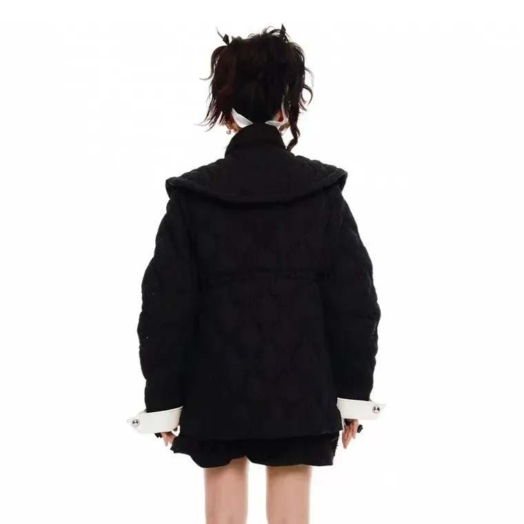 Bowknot Elegant Warm Short Cotton Coat Women 2023 Autumn Winter New Stand Collar Black White Contrast Color Warm Parkas Female