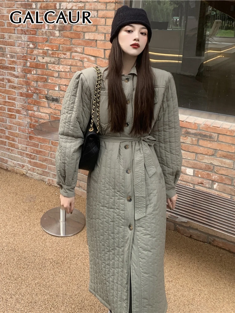 

GALCAUR Patchwork Belted Long Coats For Women Lapel Long Sleeve Single Breasted Korean Fashion Parkas Female Clothes Winter 2022