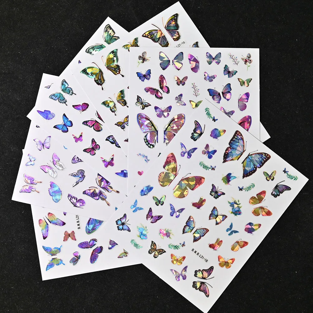12pcs 3D 네일 스티커 데 칼 패턴 다채로운 레이저 나비 꽃 스티커 셀프 접착 디자인 네일 아트 장식 MA31