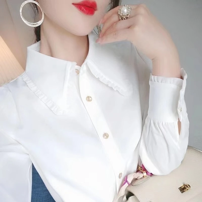 

White Shirt Women Chiffon Casual Shirts Peter Pan Collar Sweet Womens Tops OL Korean Fashion Female Clothing Long Sleeve Blouses