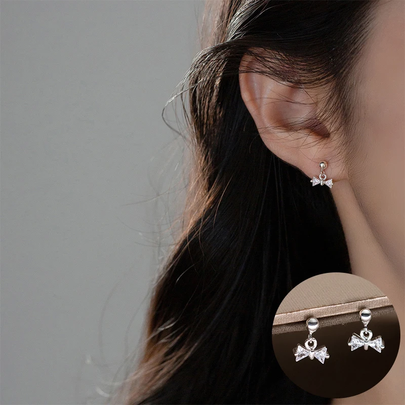 

100% 925 Sterling Silver Zircon Bowknot Earrings for Women Girl Fashion Geometric Design Jewelry Birthday Gift Dropshipping