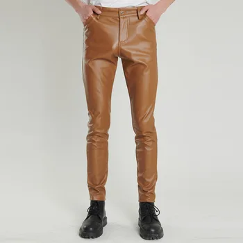 2023 Men's Stretch Slim Pu Leather Pants Youth Fashion Motorcycle Leisure Leather Pants 1