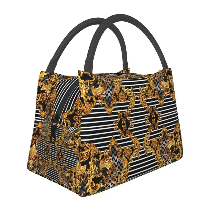 

Gold Baroque Elegance Insulated Lunch Bags for Women Geometric Patterns Resuable Cooler Thermal Food Lunch Box lunchbag