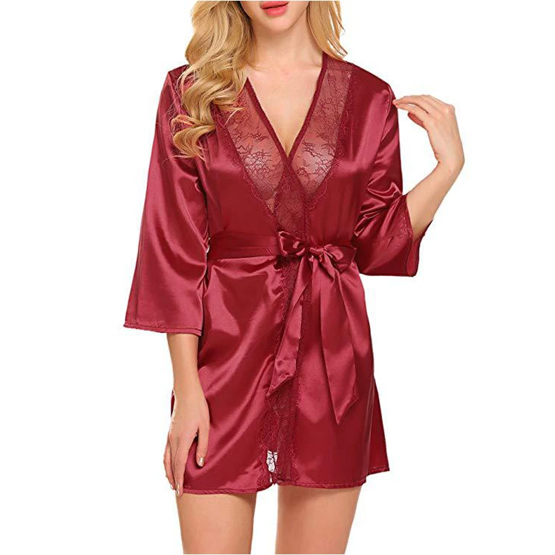 Sexy Women Lace Sleepwear Women Ladies Satin Silk Nightdress Lingerie Sleepwear Dress Robe Night Gown