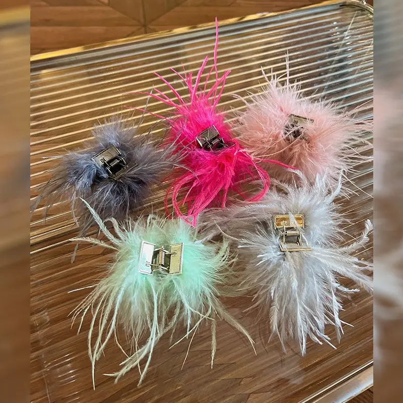 Real Fur Ostrich Feather Hair Claw Fashion Women Hairgrips Feather