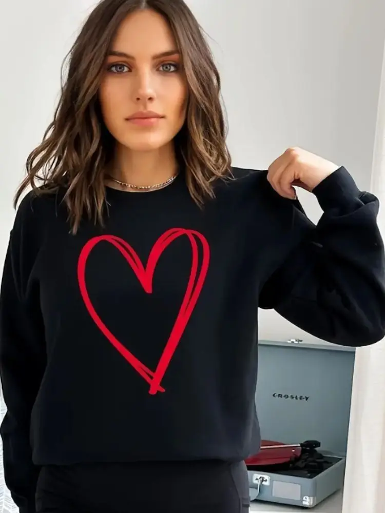 Simple Heart Print Pullover Valentines Day Crew Neck Hoodies Cute Loose Drop Shoulder Sweatshirt Long Sleeve  Women's Clothing