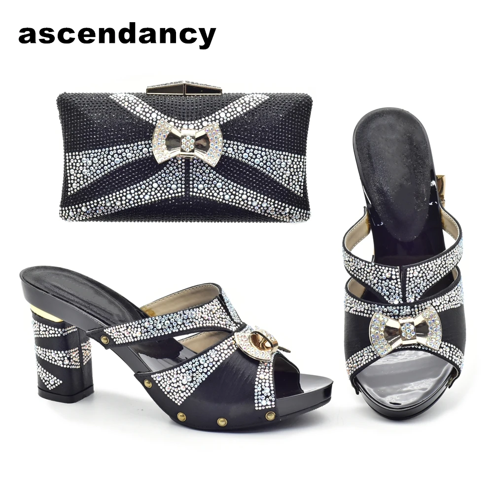 

Latest Black Color Italian Ladies Shoes and Bag Set Decorated with Rhinestone African Matching Shoes and Bags Italian In Women