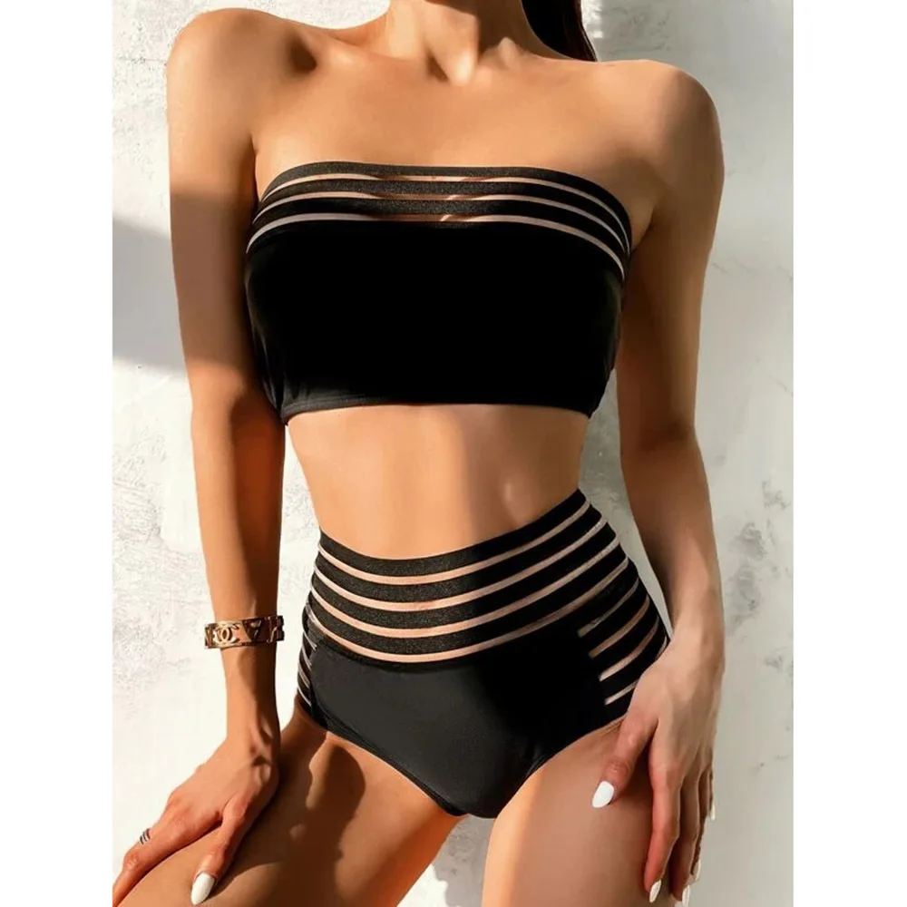 

2023 Sexy Bikini Bandeau Women Black Hollow Mesh High Waist Swimwear Swimsuit Beach Bikinis Set Bathing Suit Bikini Taille Haute
