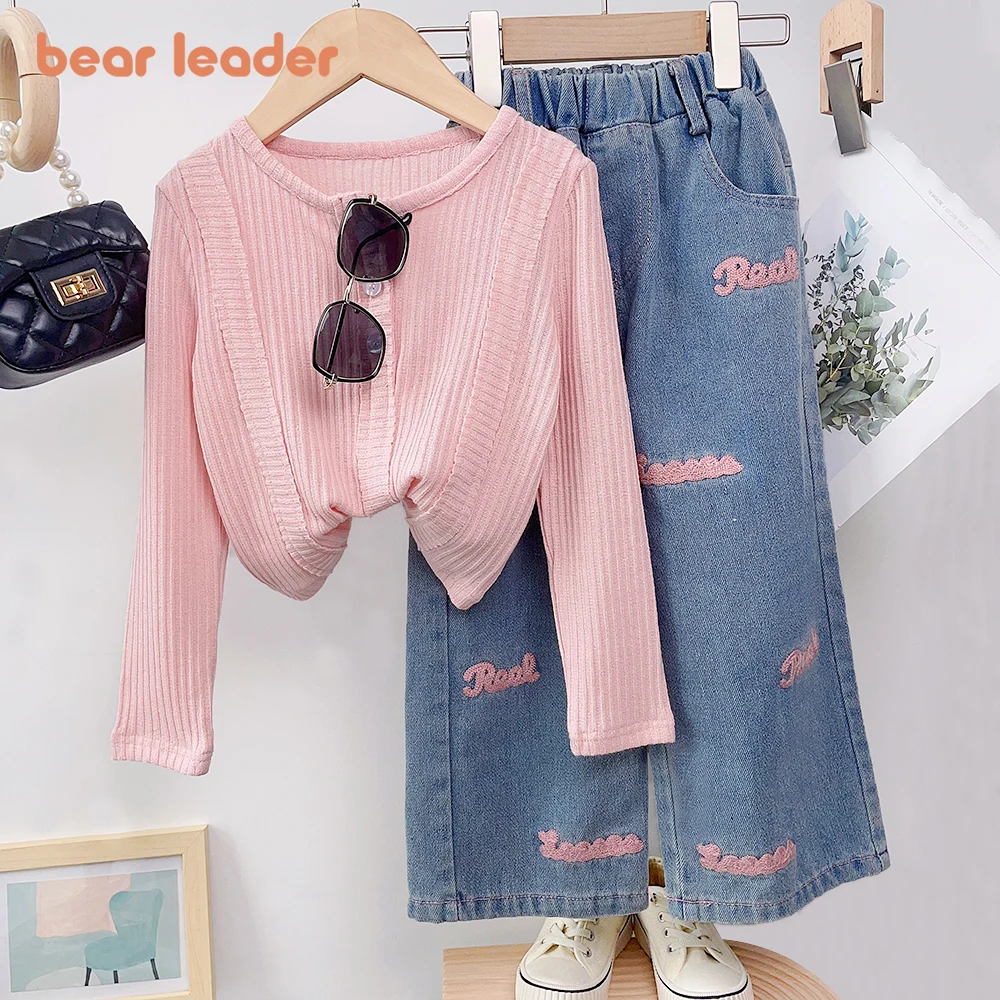 

Bear Leader/комплект для девочек, новый осенний Вязаный милый топ для девочек + джинсы с надписями комплект из двух предметов, милый Модный комплект для маленьких девочек