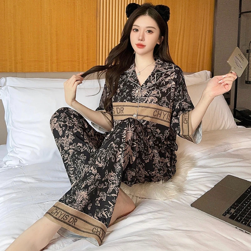 여성용 여름 아이스 실크 반팔 파자마, 긴 바지, 심플하고 얇은 3 종 세트, 고급 느낌, 모조