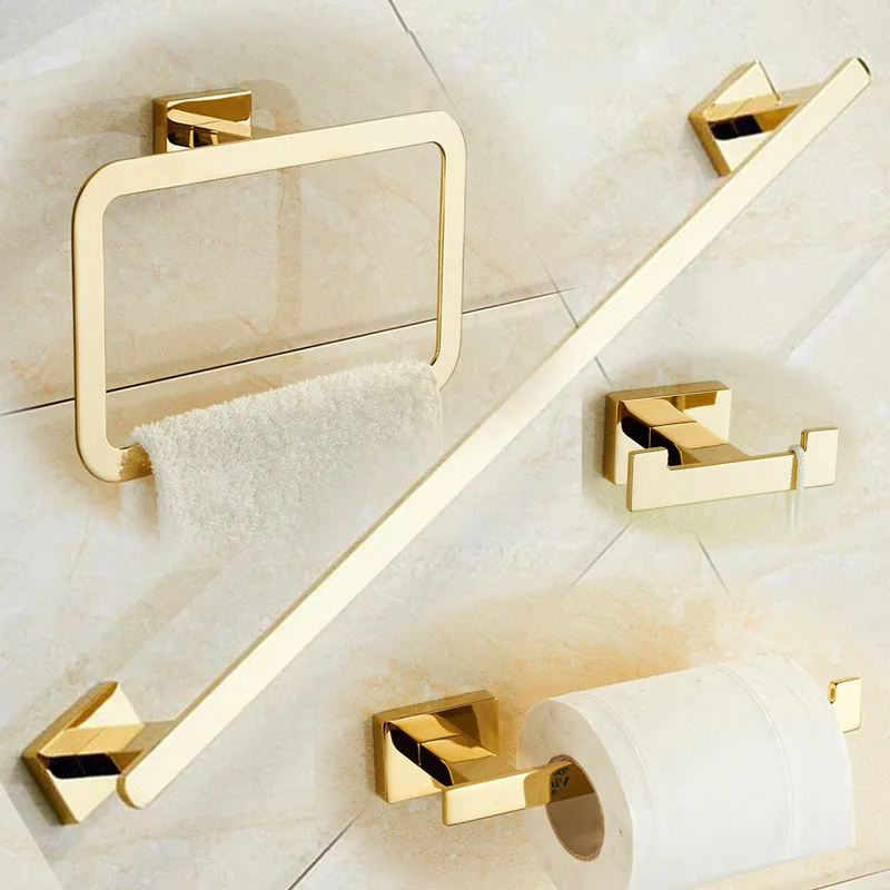 Gold Plated Brass Made Towel Bar Towel Ring Toilet Paper Hold Robe Hook Bathroom Accessories Bathroom Hardware 4 Pcs Set