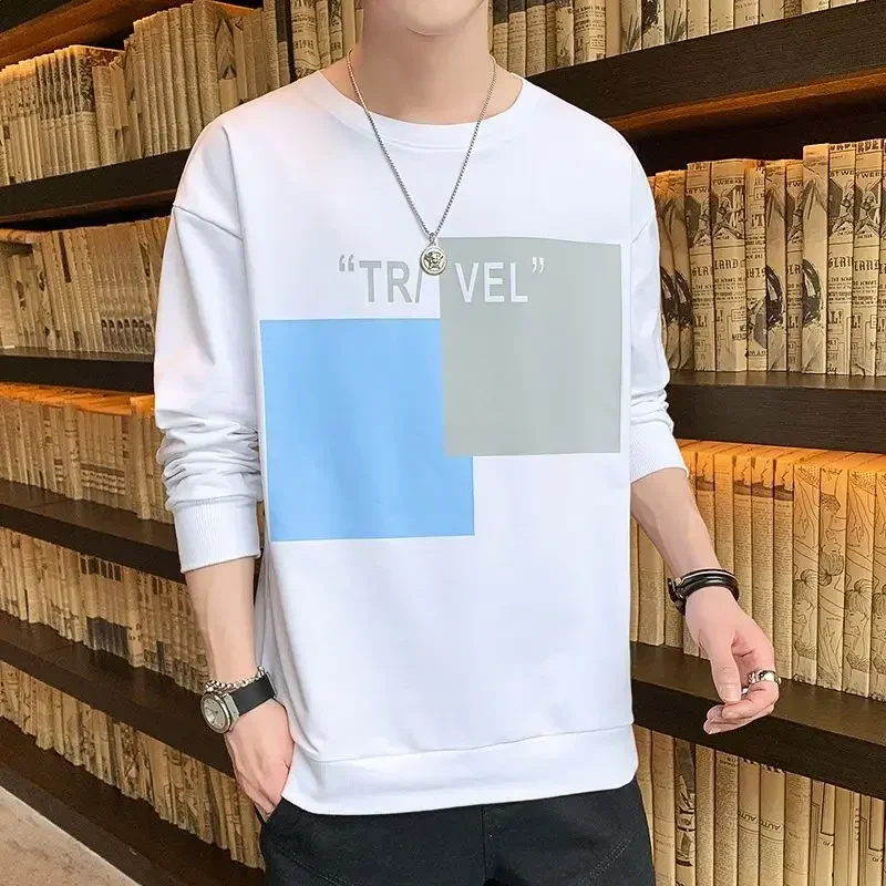 thumbnail image 1 of Camiseta estampada para hombre, sudadera con cuello redondo, sudadera azul sin capucha, estilo coreano de invierno, precio bajo, 1 of 5