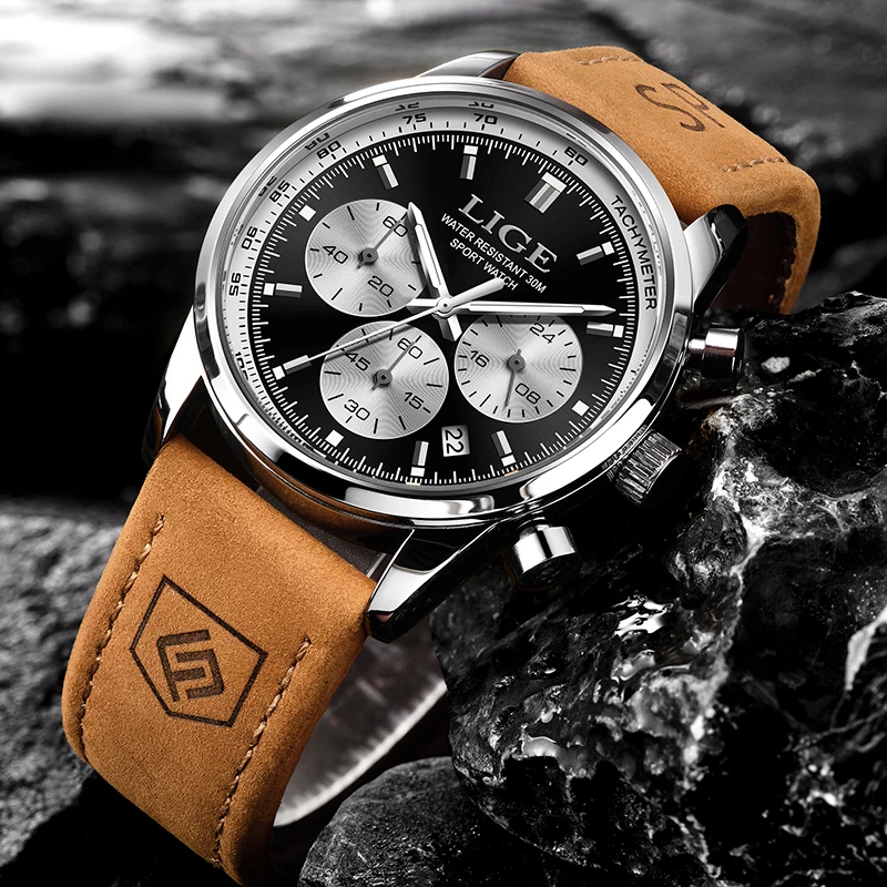 Men's Luxury Quartz Chronograph Leather Watch - Elegant & Waterproof Sport Design by LIGE
