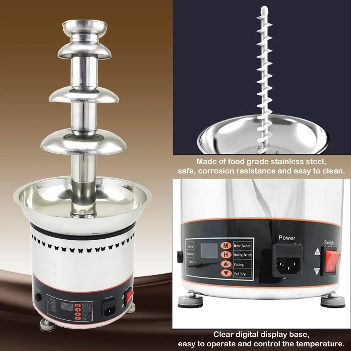 10V 4 Tier Electric Chocolate Fondue Fountain Machine for Wedding Company Birthday Party, Stainless Steel Chocolate F