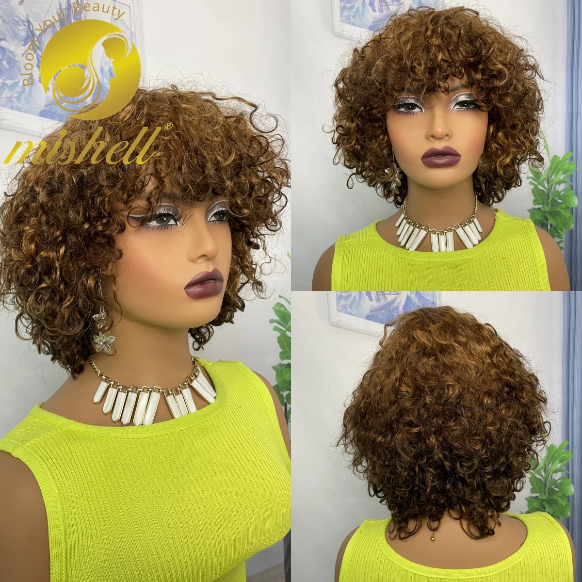 

200% Density 4-30 Highlight Water Wave Human Hair Wigs with Bangs 12inch Full Machine Made Short Jerry Curly Bob Wigs for Women