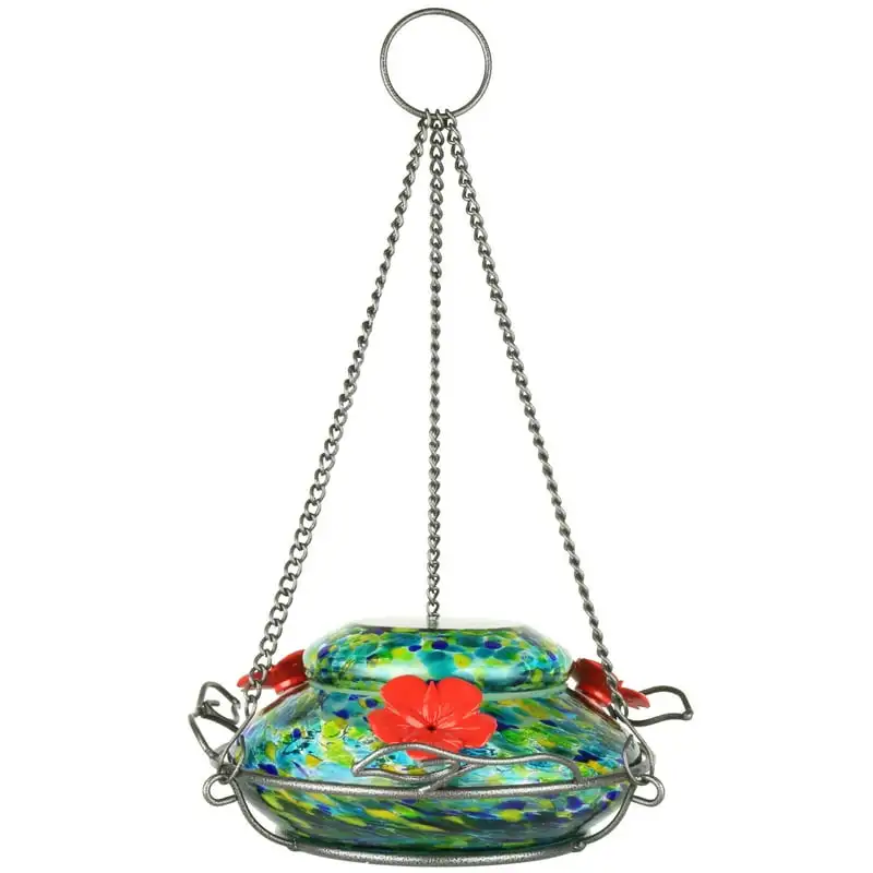 

Glass Solar-Powered Illuminated Top Fill Hummingbird Feeder 16 oz, Blue Spring Rain Pajaros Hummingbird feeder Squirrel baffle J