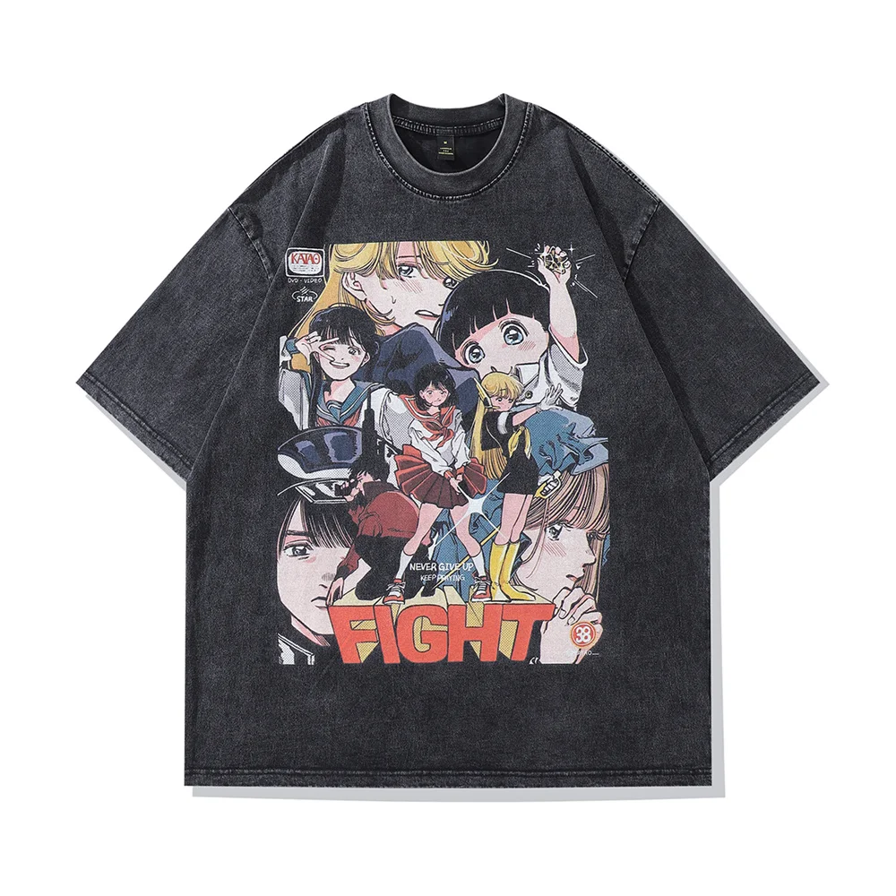 

2023 Men Vintage Tshirt Streetwear Japanese Anime Cartoon Girl Print Washed Short Sleeve T-Shirt Harajuku Casual Loose Tee Tops