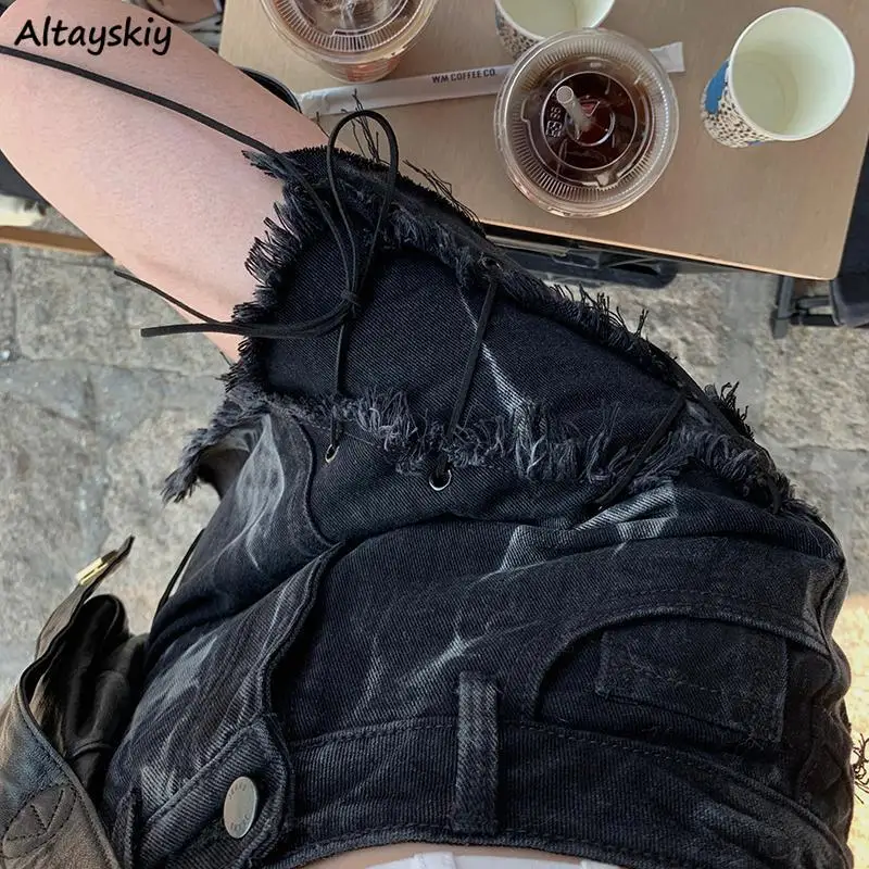 

Женская джинсовая мини-юбка с бахромой, с высокой талией