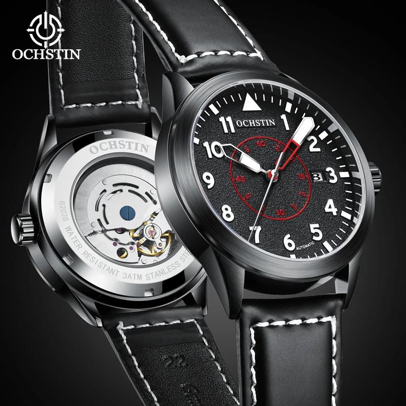 OCHSTIN Pilot Series Automatic Mechanical Watch Trend Multi-functional Luminous Needle Leather Mechanical Watch For Men