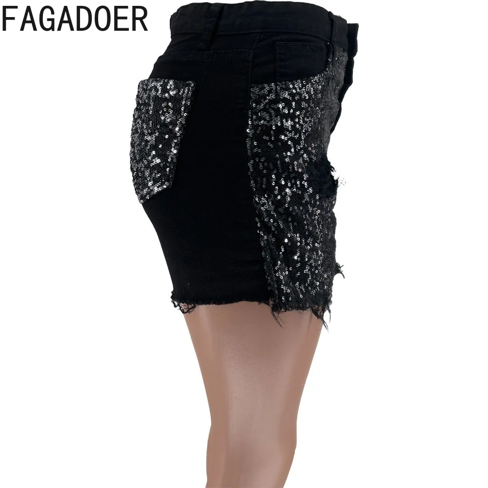 FAGADOER Black Fashion Sequin Design Button Denim Shorts Women High Waisted Skinny Jean Summer Female Solid Color Cowboy Bottoms
