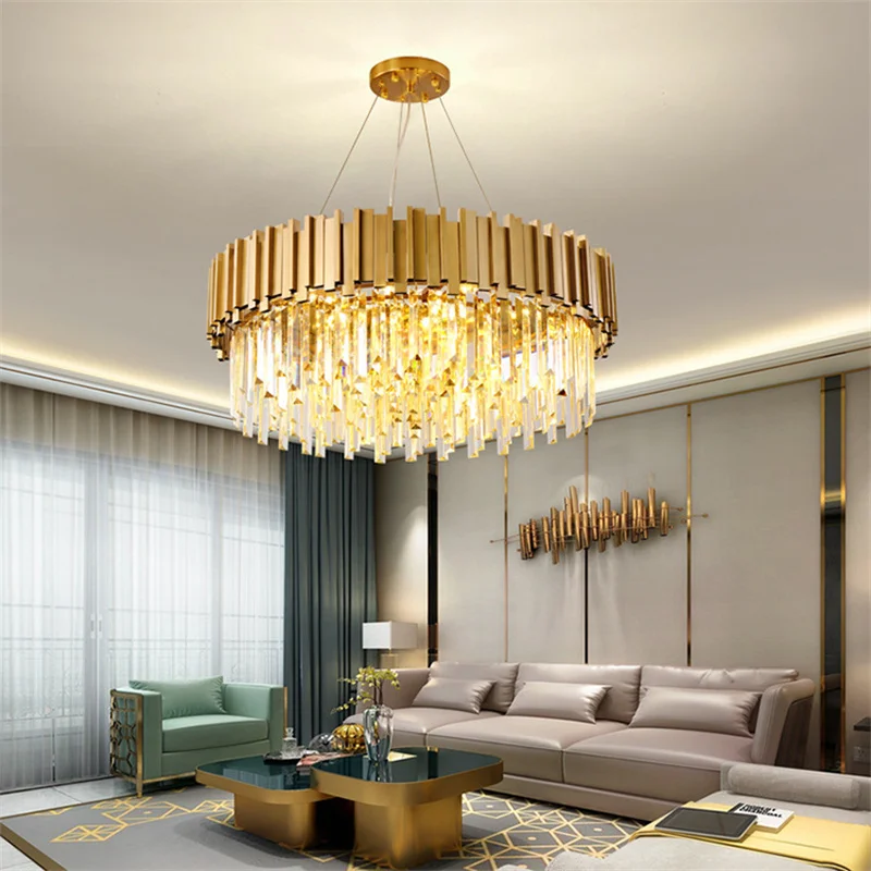 Postmodern Light Luxury Golden Stainless Steel Crystal Chandelier Living Room Dining  Large Round Lamp LED