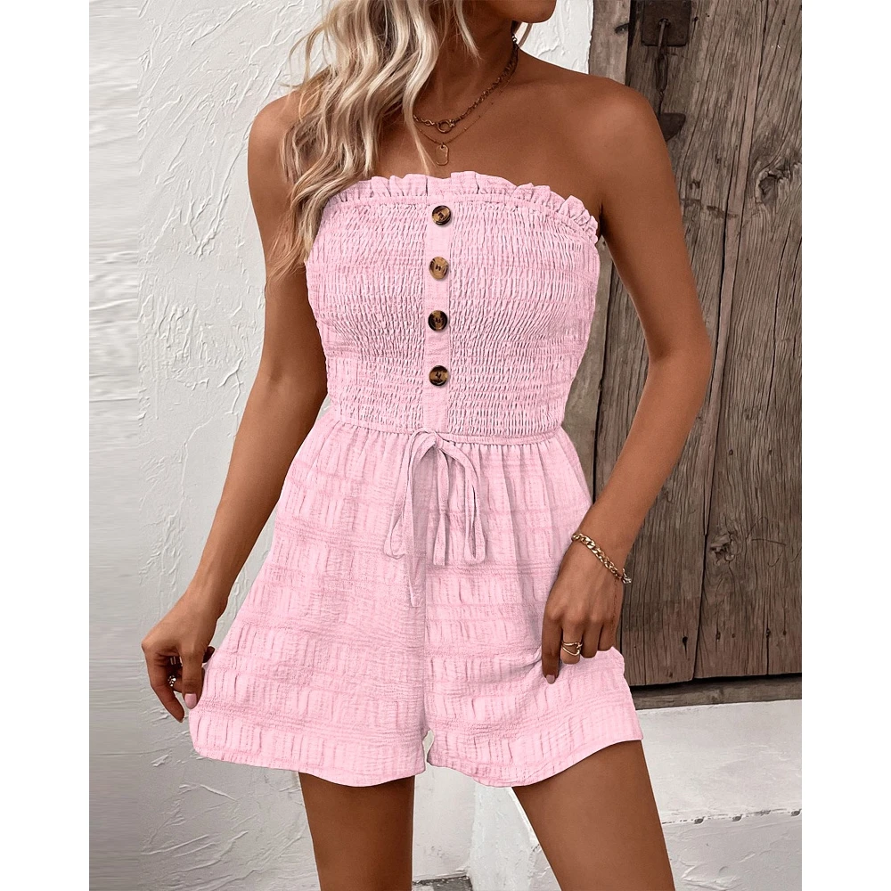 Women Bandeau Frill Hem Drawstring Textured Romper Summer Sexy Lady Buttoned Design Strapless Playsuit Casual Femme Free Shiping