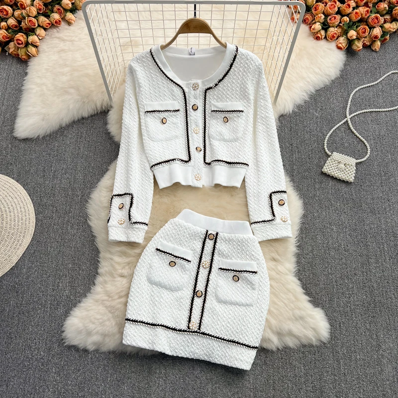 blazer pants set Retro Small Fragrance Style Crop Top Suit Female Spring New Patchwork Short Cardigan Coat + Bodycon Skirt Two Piece Set Women special occasion pant suits